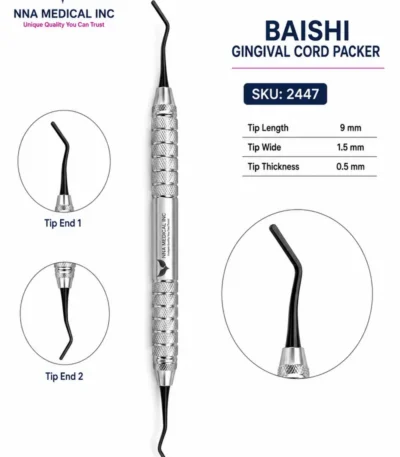 Baishi gingival cord packer, double-ended dental instrument with 9 mm tip and knurled stainless steel handle