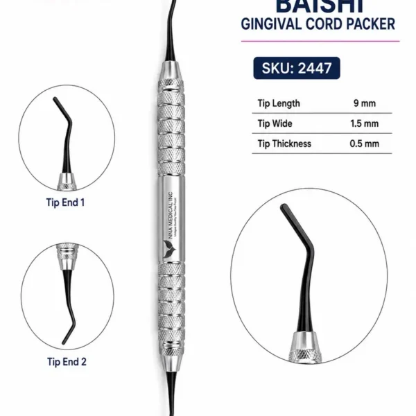 Baishi gingival cord packer, double-ended dental instrument with 9 mm tip and knurled stainless steel handle