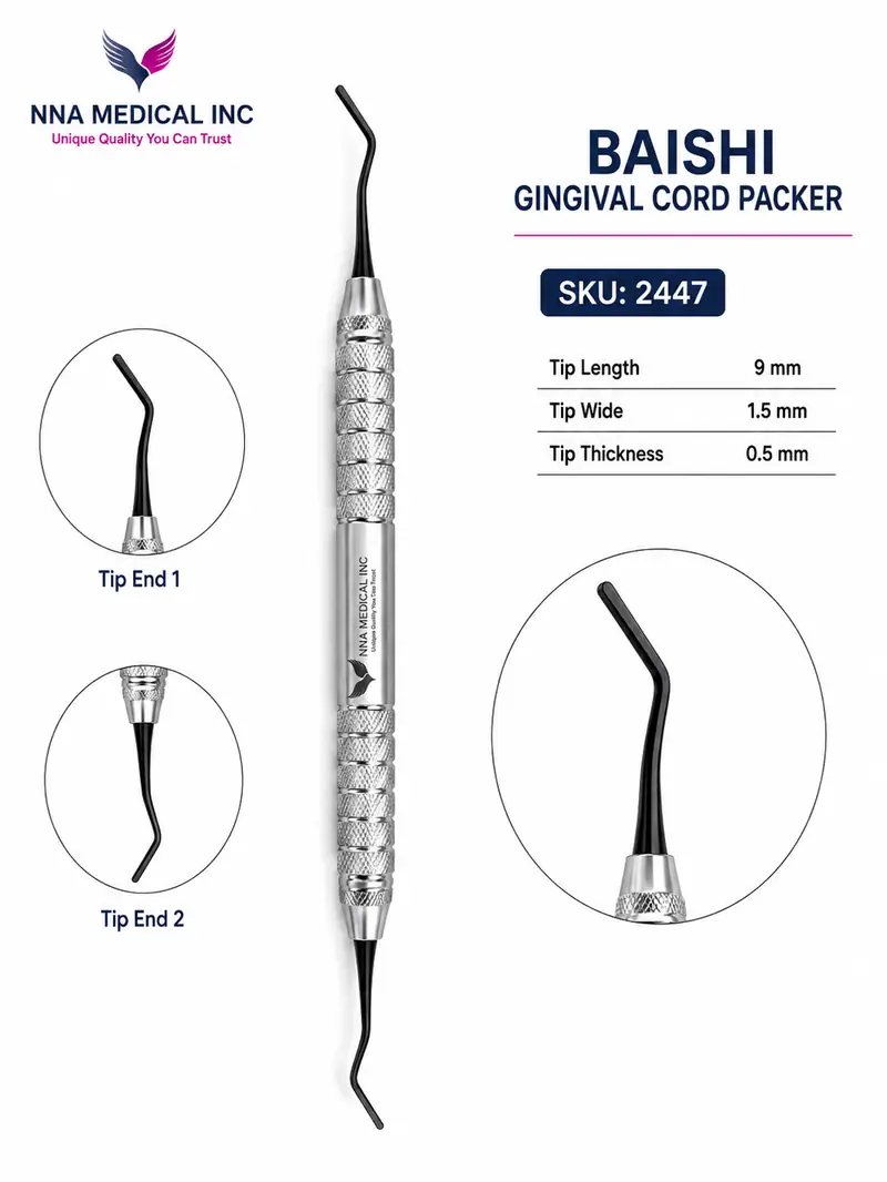 BAISHI-GINGIVAL-CORD-PACKER BAISHI GINGIVAL CORD PACKER, DOUBLE-ENDED DENTAL INSTRUMENT WITH 9 MM TIP AND KNURLED STAINLESS STEEL HANDLE