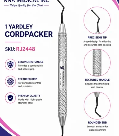 1 Yardley cord packer, double-ended dental retraction cord instrument with precision angled tip and rounded end