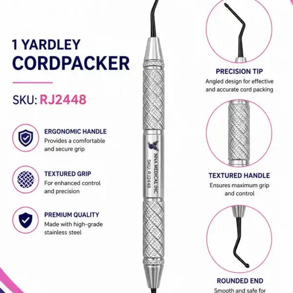 1 Yardley cord packer, double-ended dental retraction cord instrument with precision angled tip and rounded end