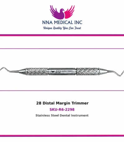 28 Distal Margin Trimmer R6-2298, double-ended stainless steel dental instrument with knurled handle