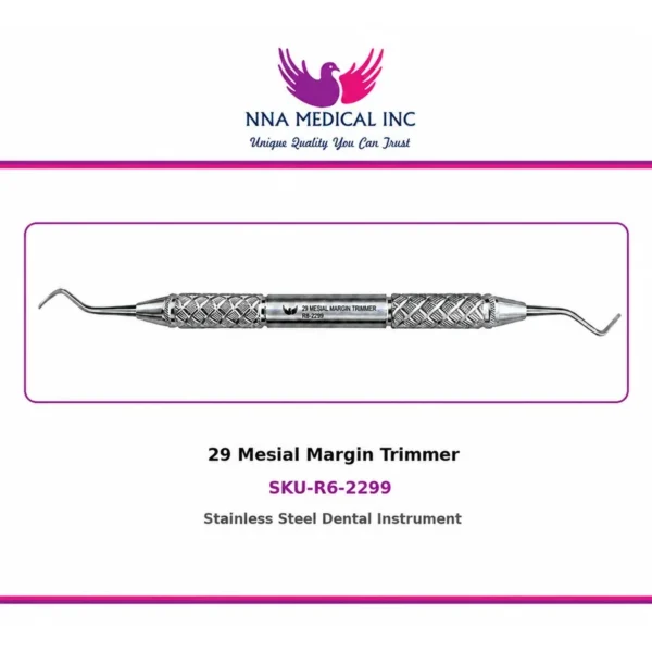29 Mesial Margin Trimmer R6-2299, double-ended stainless steel dental instrument with knurled handle